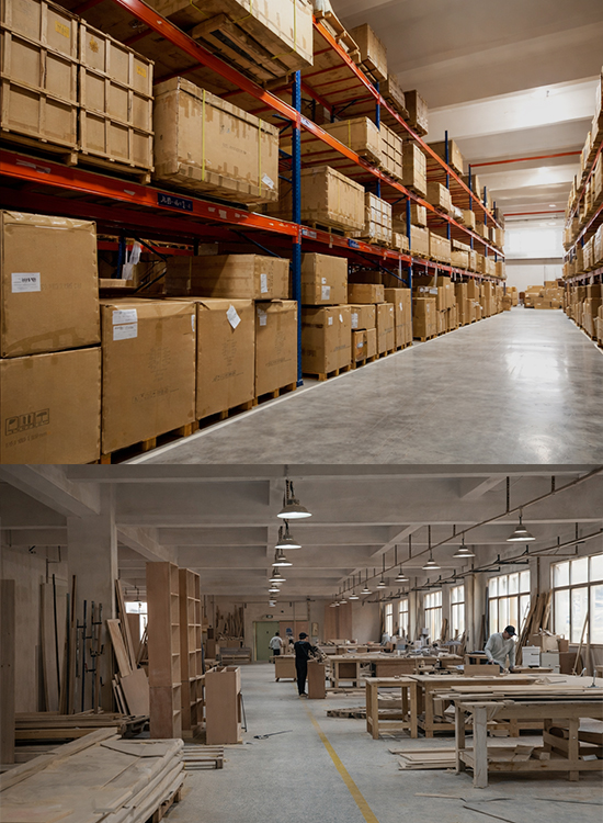 ภาพแบ่งครึ่ง: ด้านบนคือโกดังสินค้าอุตสาหกรรมสุดทันสมัย มีชั้นวางสินค้าสีส้มซ้อนกันสูง ด้านล่างคือภาพช่างไม้มืออาชีพกำลังขะมักเขม้นประกอบเฟอร์นิเจอร์บนโต๊ะตัดขนาดใหญ่ในโรงงาน