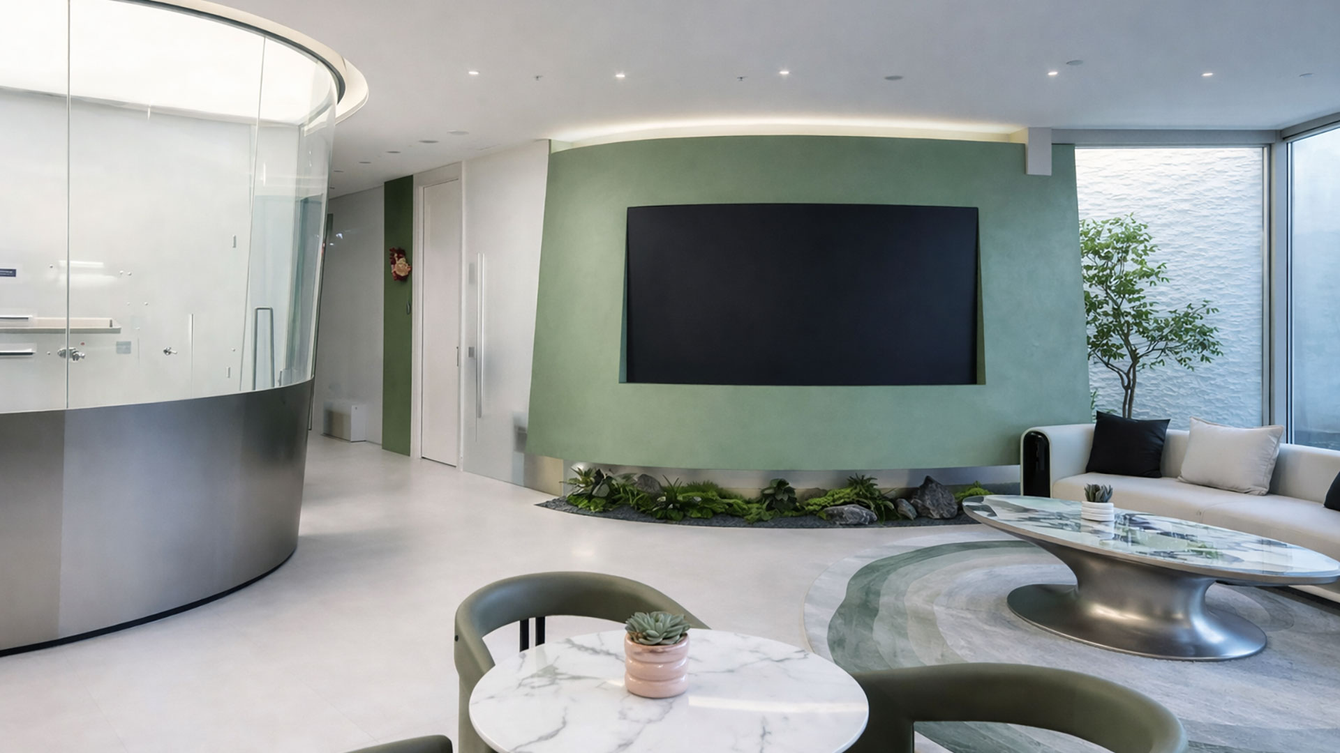 คลินิกความงาม The Crystal โถงรอคิวผนังโค้งและพื้นไร้รอยต่อผ่านมาตรฐานสาธารณสุข