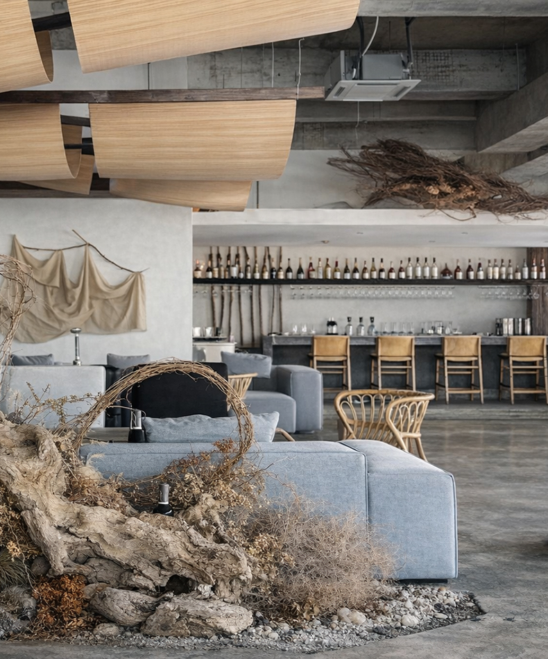 งานตกแต่งภายในร้านอาหารและคาเฟ่เชิงพาณิชย์ จัดผังทางเดิน Water Bar และติดตั้งโคมไฟกันแสงสะท้อน