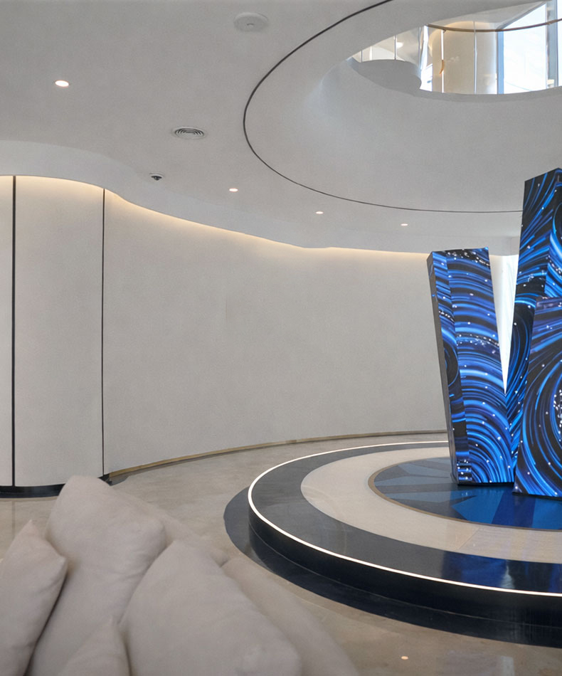 งานตกแต่งโถงต้อนรับคลินิกความงาม งานผนังโค้งกันคราบและจัดแสงไฟเพื่อการถ่ายรูป