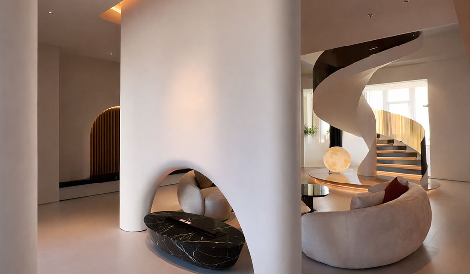 โซนต้อนรับคลินิกความงาม งานผนังโค้งกันเปื้อนและการจัด Flow ของผู้ป่วย