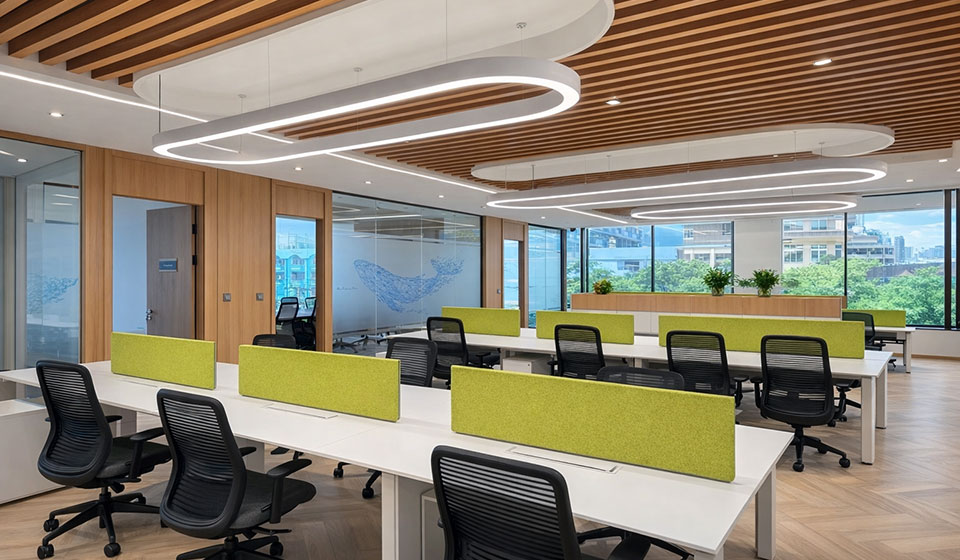 ออฟฟิศเกรด A โซนทำงานแบบ Open Plan เฟอร์นิเจอร์ Ergonomic และระบบไฟฝ้าเพดาน