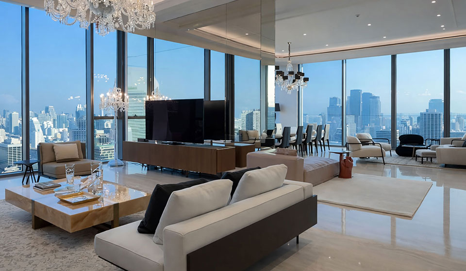 ตกแต่งคอนโดขนาดใหญ่ในกรุงเทพฯ กระจกบานเต็มและ Layout แบบ Open Plan