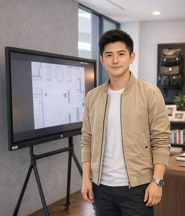 ศุภชัย วงศ์ษา ดีไซเนอร์ระดับซีเนียร์กำลังพรีเซนต์แบบแปลนคอนโดขนาดใหญ่ เชี่ยวชาญด้านคอนโดไฮเอนด์และระบบจัดเก็บของในบ้าน